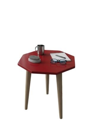 Engineered Wood Octagonal Side Table | Decorative Accent Tables with Wooden Legs | Minimalist Corner, Sofa and Bedside Table for Living Room, Bedroom, Office | Coffee Tables (Red)
