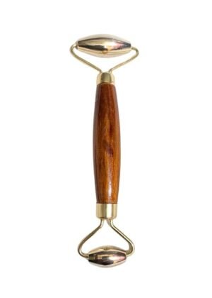 Kansa Bronze Face Roller, Traditional Ayurvedic Massage Tool, 15 cm, Manual Facial Massager with Wooden Handle, Brown and Gold