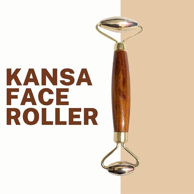 Kansa Bronze Face Roller, Traditional Ayurvedic Massage Tool, 15 cm, Manual Facial Massager with Wooden Handle, Brown and Gold - Image 4