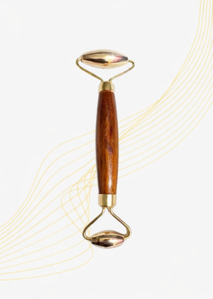 Kansa Bronze Face Roller, Traditional Ayurvedic Massage Tool, 15 cm, Manual Facial Massager with Wooden Handle, Brown and Gold